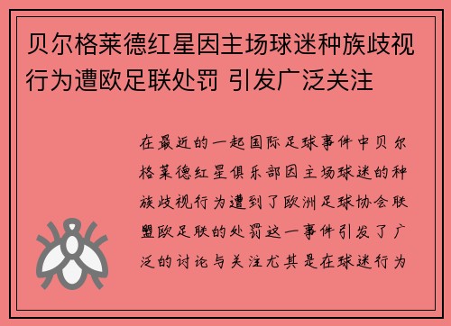 贝尔格莱德红星因主场球迷种族歧视行为遭欧足联处罚 引发广泛关注